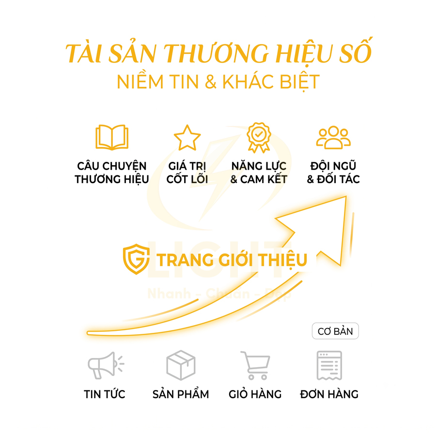 Thiết kế trang giới thiệu thương hiệu số với các mục câu chuyện, giá trị cốt lõi, năng lực, đội ngũ và điều hướng website