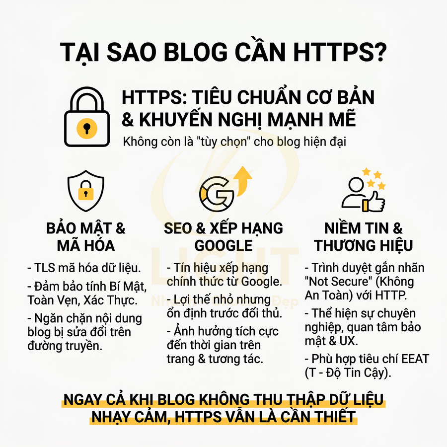 Infographic lý do blog cần HTTPS, nêu lợi ích bảo mật, SEO Google và tăng niềm tin thương hiệu