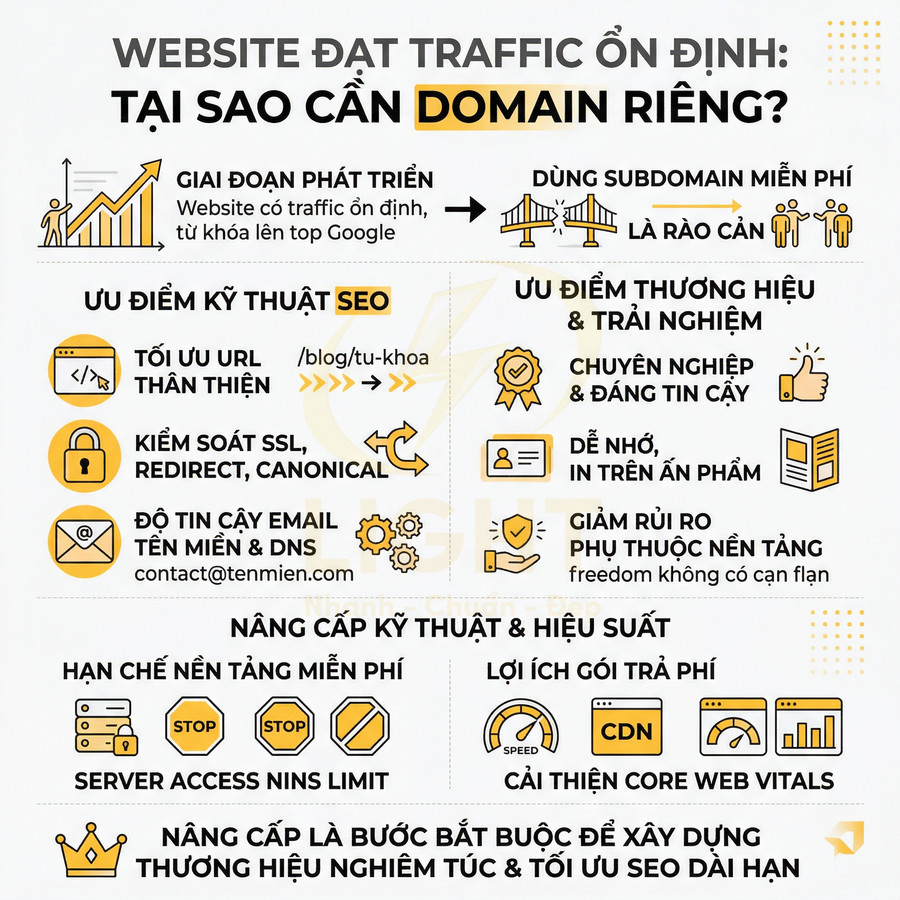 Infographic lý do website cần domain riêng để tăng traffic, tối ưu SEO, xây dựng thương hiệu và cải thiện hiệu suất