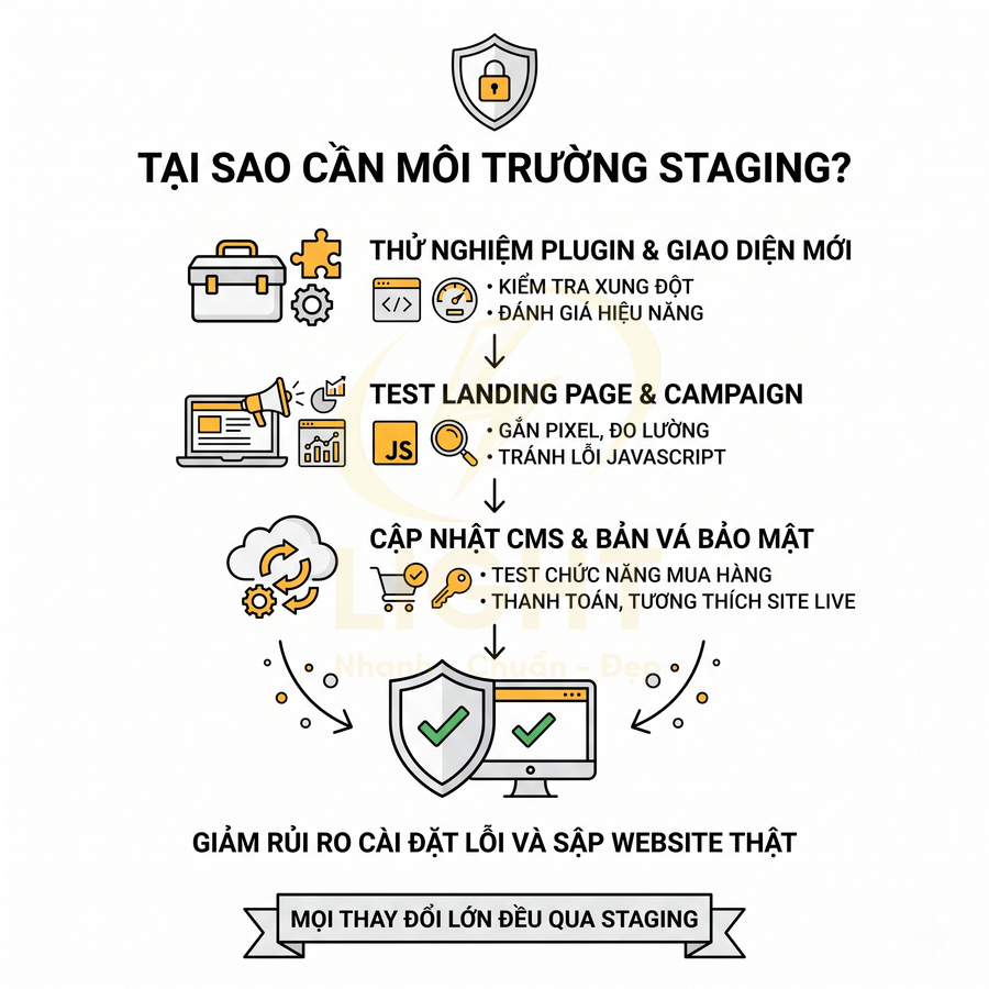 Infographic lý do cần môi trường staging để thử nghiệm plugin, giao diện, landing page và cập nhật bảo mật website