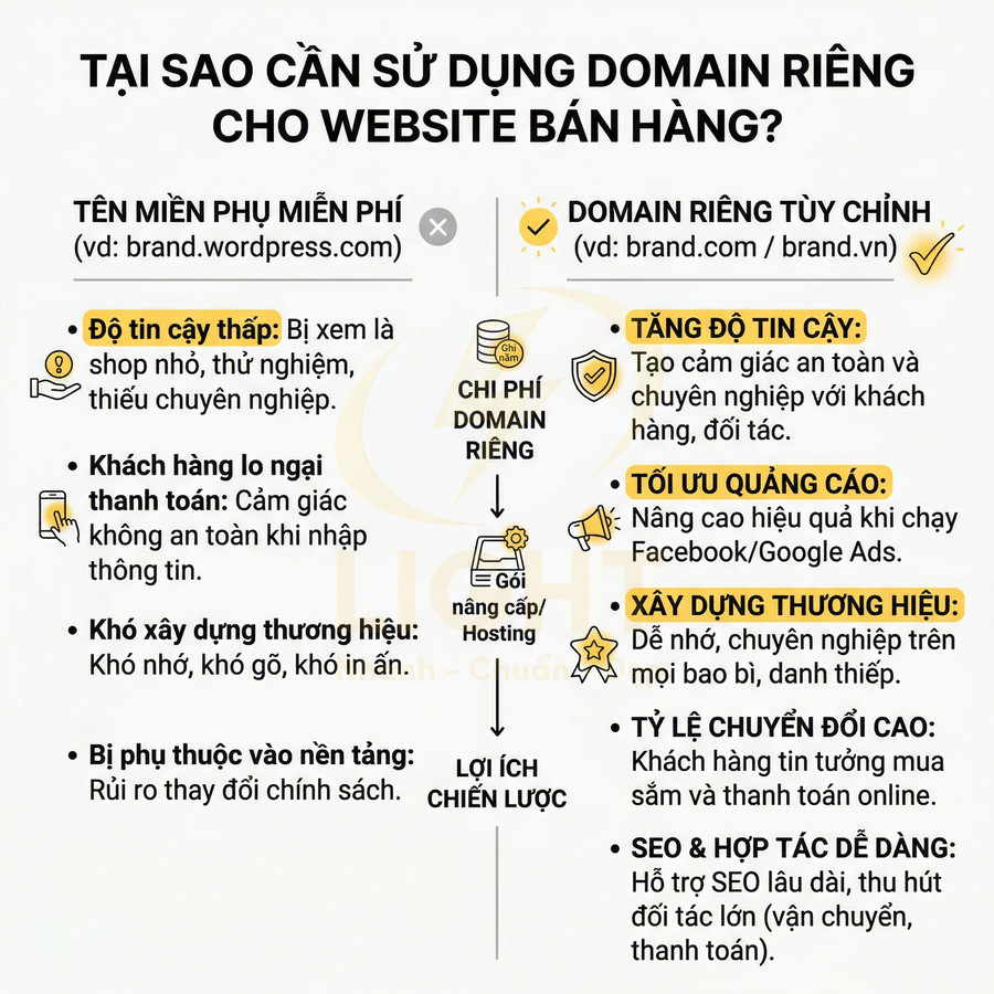 Infographic so sánh tên miền phụ miễn phí và domain riêng cho website bán hàng, nêu lợi ích tăng uy tín và chuyển đổi