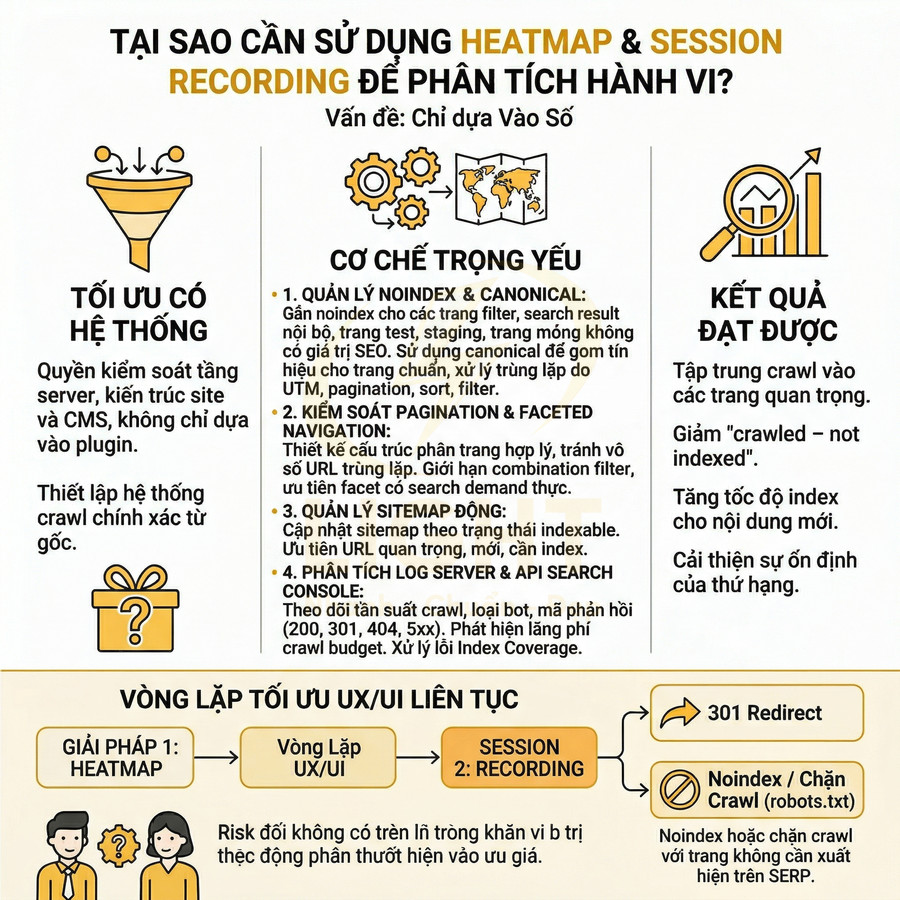 Infographic giải thích lợi ích dùng heatmap và session recording để tối ưu crawl, UX UI và hiệu suất SEO cho website