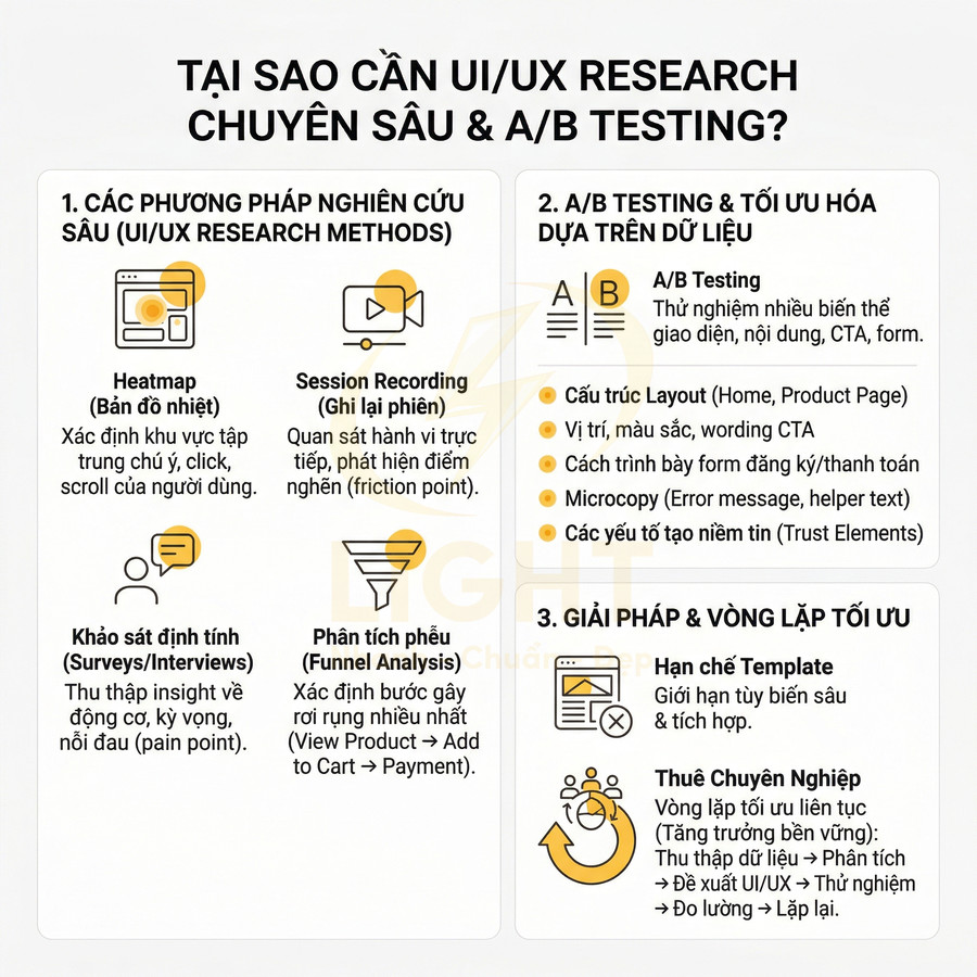 Infographic giải thích lý do cần UI UX research chuyên sâu và A B testing cùng các phương pháp và giải pháp tối ưu hóa trải nghiệm