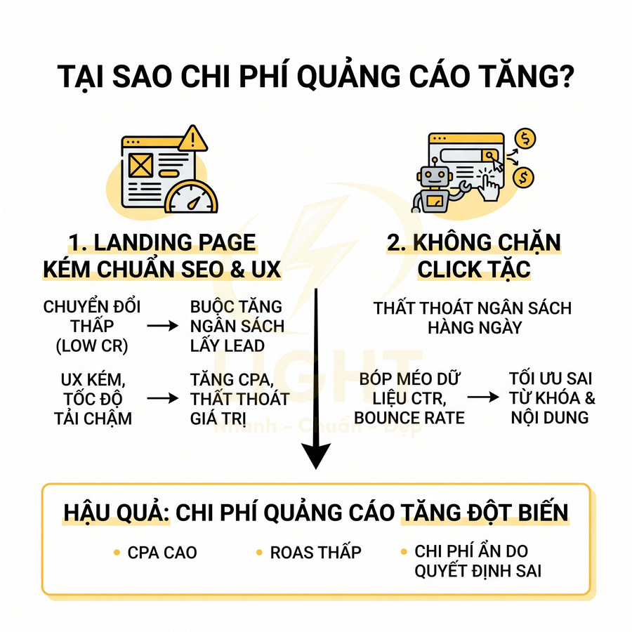 Nguyên nhân khiến chi phí quảng cáo tăng do landing page kém chuẩn SEO UX và không chặn click tặc