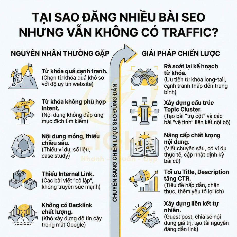 Infographic lý do đăng nhiều bài SEO nhưng không có traffic và các giải pháp tối ưu chiến lược nội dung