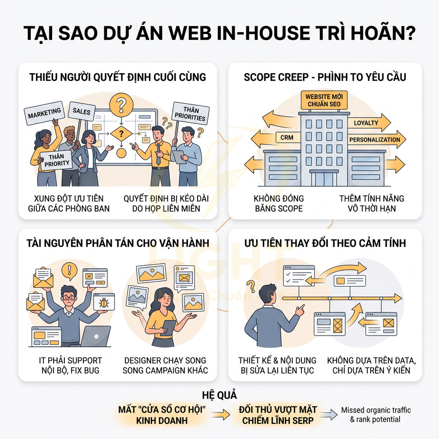 Infographic lý do dự án web in house bị trì hoãn với các vấn đề nhân sự, scope creep, phân tán tài nguyên và thay đổi ưu tiên