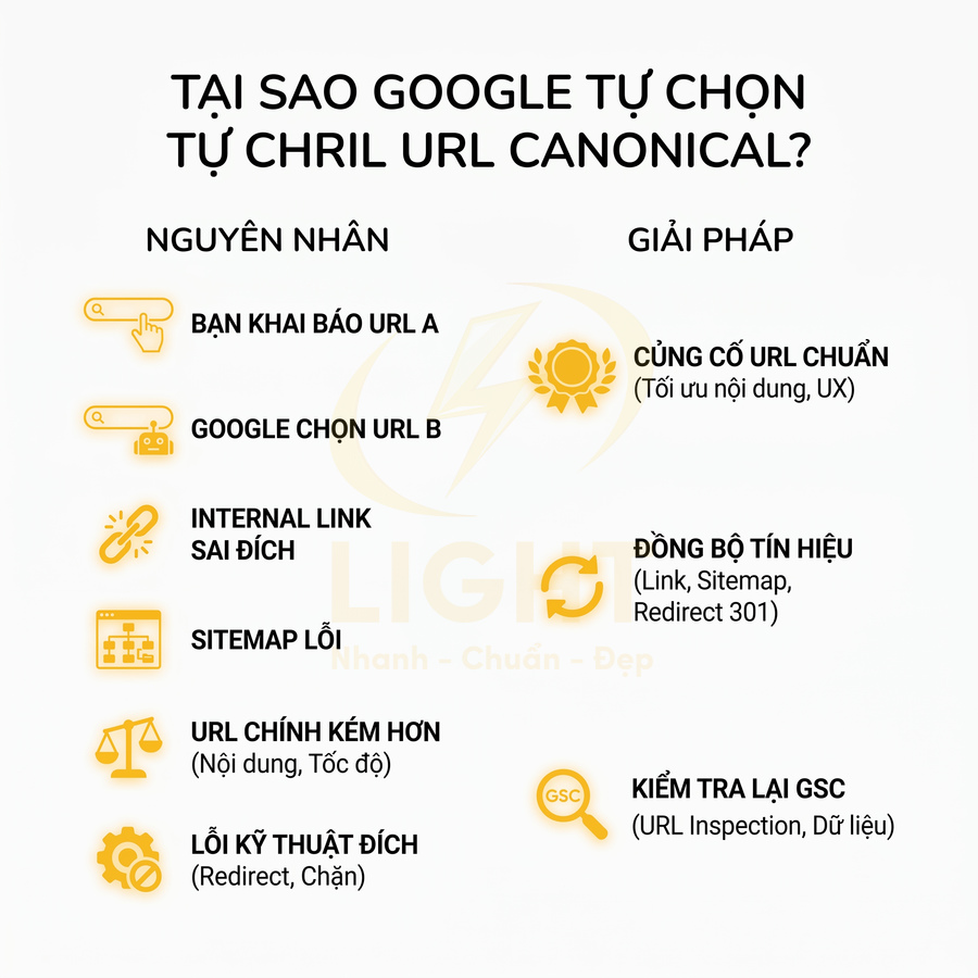 Nguyên nhân Google tự chọn URL canonical và giải pháp tối ưu URL chuẩn, đồng bộ tín hiệu, kiểm tra Google Search Console