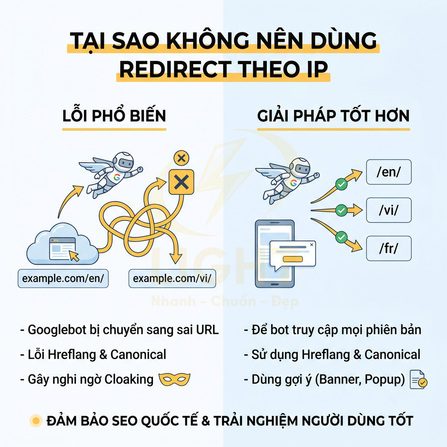 Tại sao không nên dùng redirect theo IP và giải pháp SEO quốc tế tốt hơn với hreflang và canonical