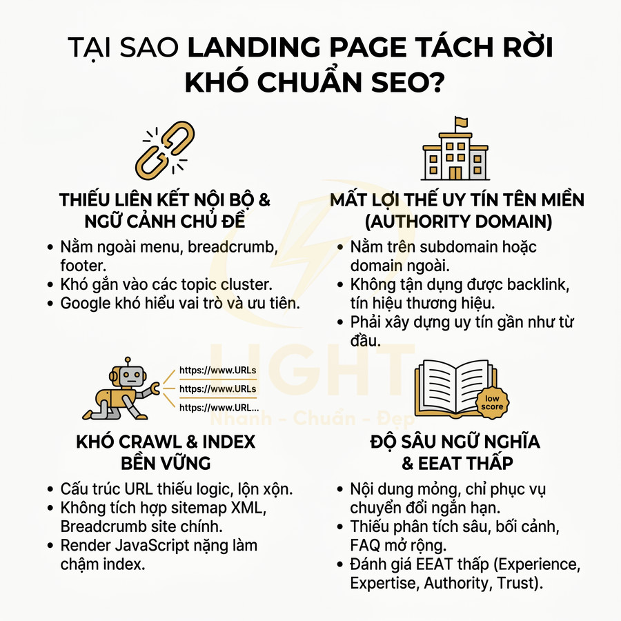 Infographic giải thích lý do landing page tách rời khó chuẩn SEO với các vấn đề liên kết nội bộ, crawl index và độ sâu nội dung