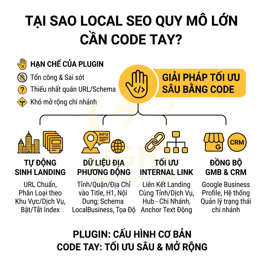 Infographic so sánh hạn chế plugin và lợi ích code tay khi tối ưu Local SEO quy mô lớn