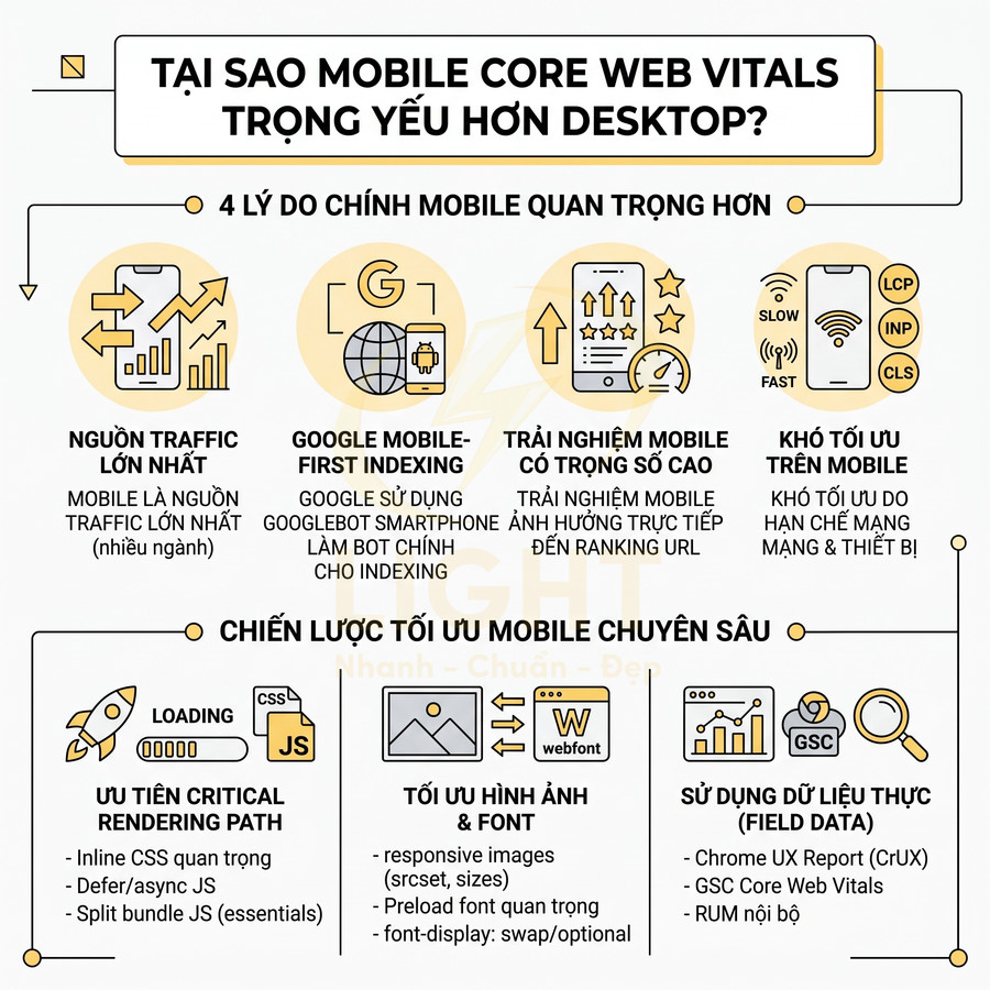 Infographic giải thích tầm quan trọng của Mobile Core Web Vitals và chiến lược tối ưu SEO cho website trên di động