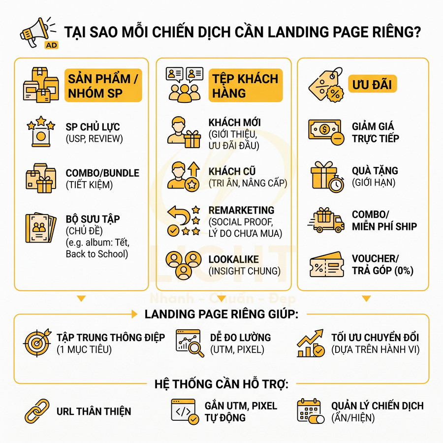 Infographic lý do mỗi chiến dịch marketing cần landing page riêng và lợi ích tối ưu chuyển đổi