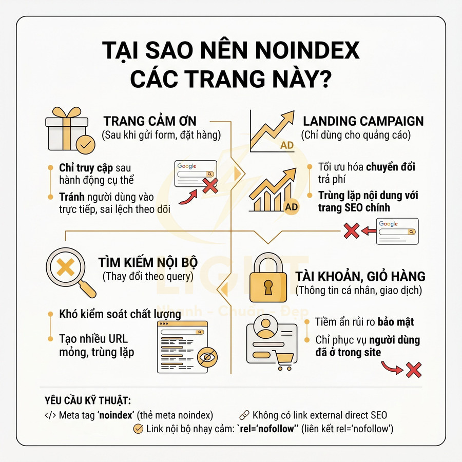 Hướng dẫn SEO giải thích lý do nên noindex trang cảm ơn, landing page, tìm kiếm nội bộ, tài khoản và giỏ hàng