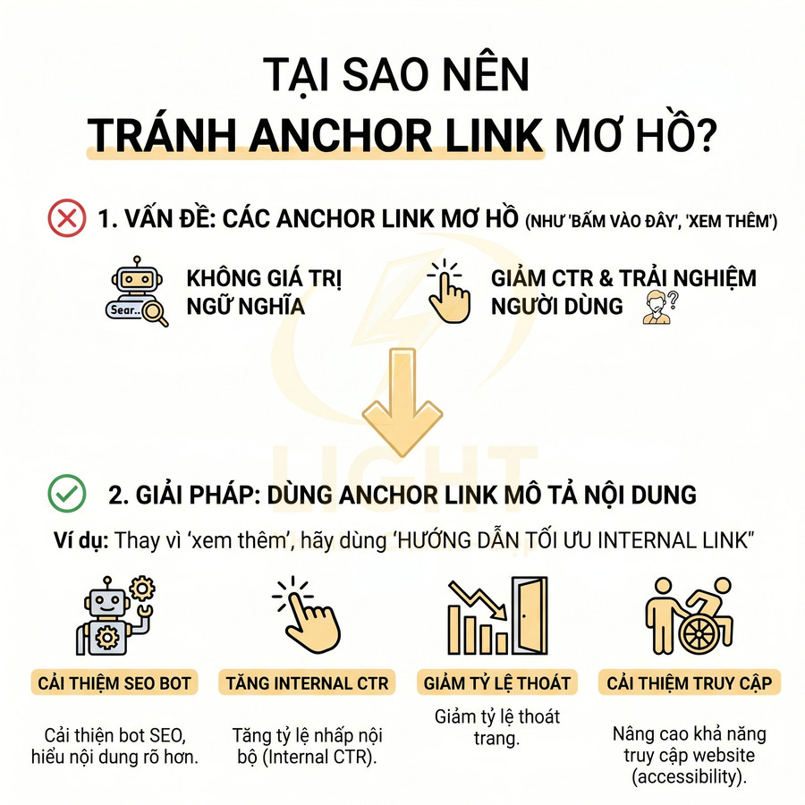 Infographic giải thích lý do nên tránh anchor link mơ hồ và dùng anchor text mô tả nội dung để cải thiện SEO và trải nghiệm người dùng