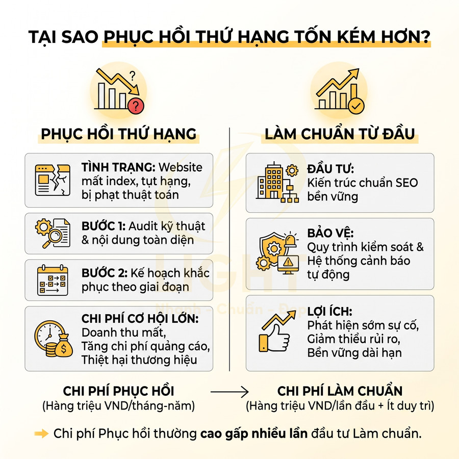 Infographic so sánh chi phí phục hồi thứ hạng website và làm SEO chuẩn ngay từ đầu