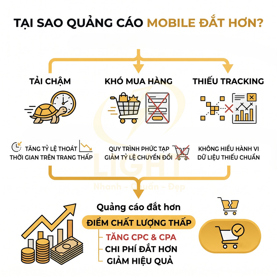 Infographic lý do quảng cáo mobile đắt hơn với các vấn đề tải chậm, khó mua hàng và thiếu tracking