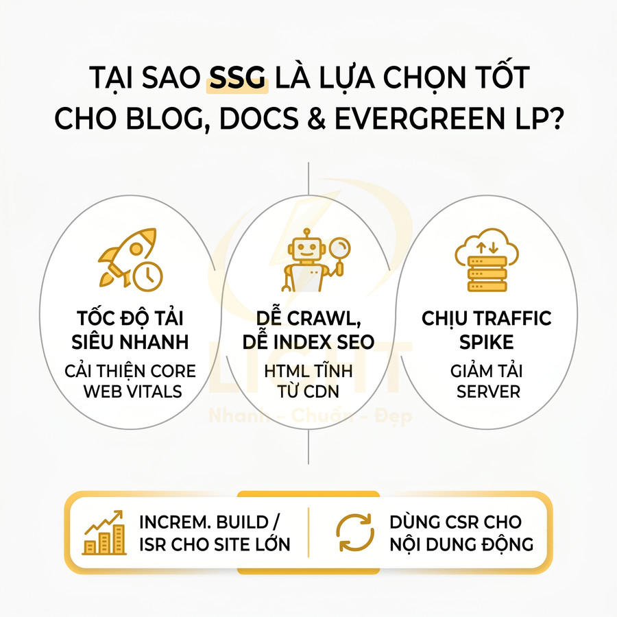 Lý do SSG tốt cho blog và landing page với tốc độ tải nhanh, dễ index SEO và chịu tải traffic cao