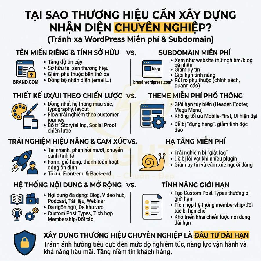 Infographic lý do thương hiệu cần xây dựng nhận diện chuyên nghiệp, tránh dùng WordPress miễn phí và subdomain