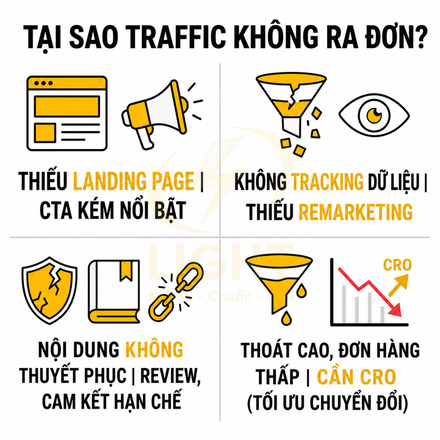 Infographic lý do traffic không ra đơn: thiếu landing page, tracking, remarketing, nội dung kém, cần tối ưu chuyển đổi CRO