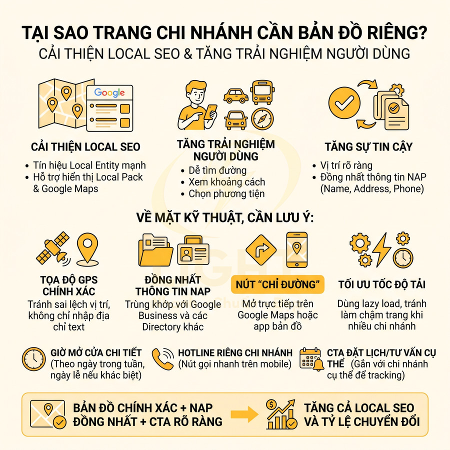 Infographic lý do trang chi nhánh cần bản đồ riêng để cải thiện local SEO và trải nghiệm người dùng