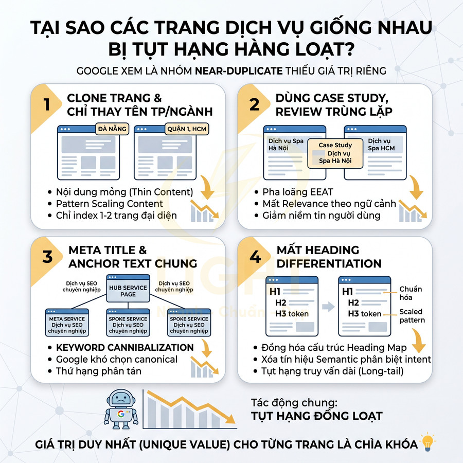 Infographic giải thích lý do các trang dịch vụ giống nhau bị tụt hạng SEO và cách tối ưu giá trị nội dung riêng