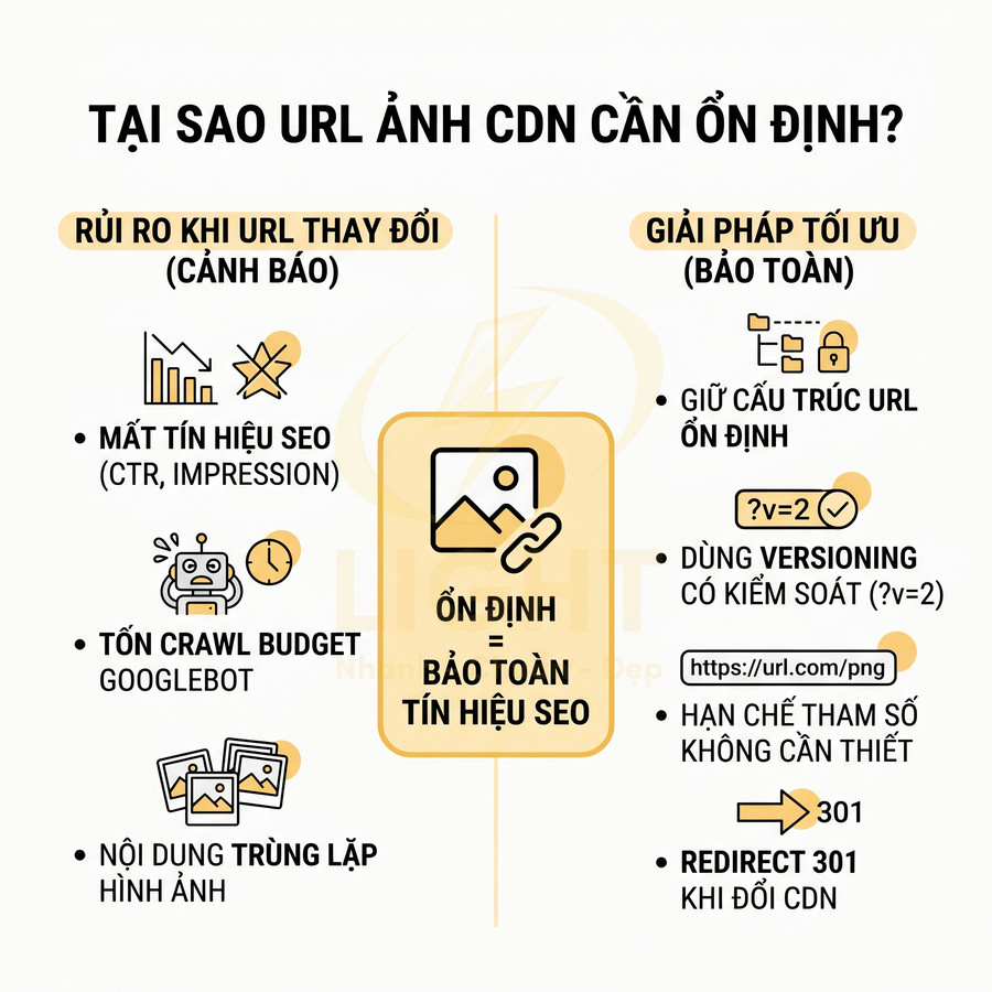 Infographic giải thích lý do URL ảnh CDN cần ổn định và các giải pháp tối ưu bảo toàn tín hiệu SEO