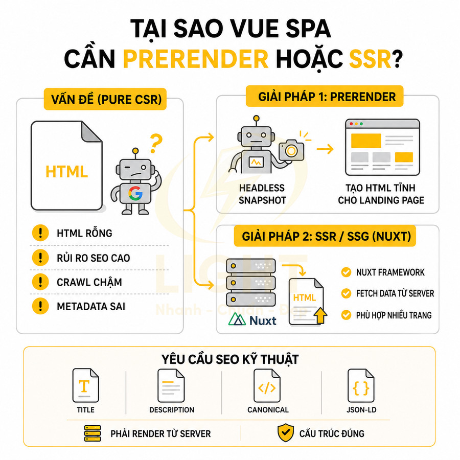 Infographic giải thích vì sao Vue SPA cần prerender hoặc SSR với Nuxt để cải thiện SEO kỹ thuật