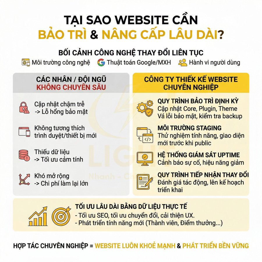 Infographic lý do cần bảo trì và nâng cấp website lâu dài, so sánh đội ngũ không chuyên với công ty thiết kế website chuyên nghiệp