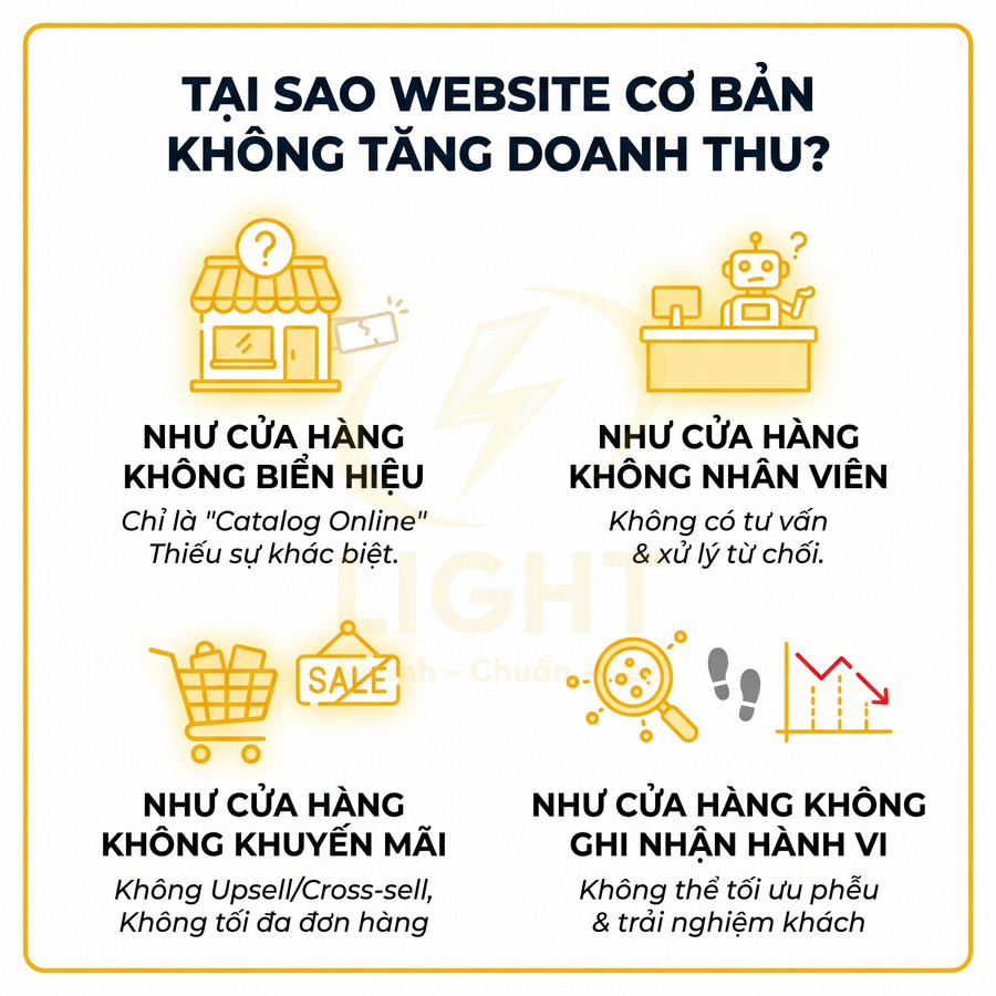 Infographic lý do website cơ bản không tăng doanh thu với các ví dụ cửa hàng thiếu biển hiệu, nhân viên, khuyến mãi, ghi nhận hành vi