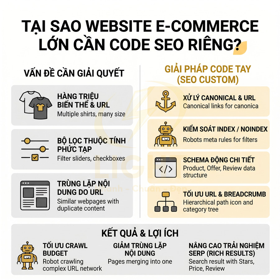 Lý do website ecommerce lớn cần code SEO riêng và các giải pháp tối ưu URL, index, schema, breadcrumb
