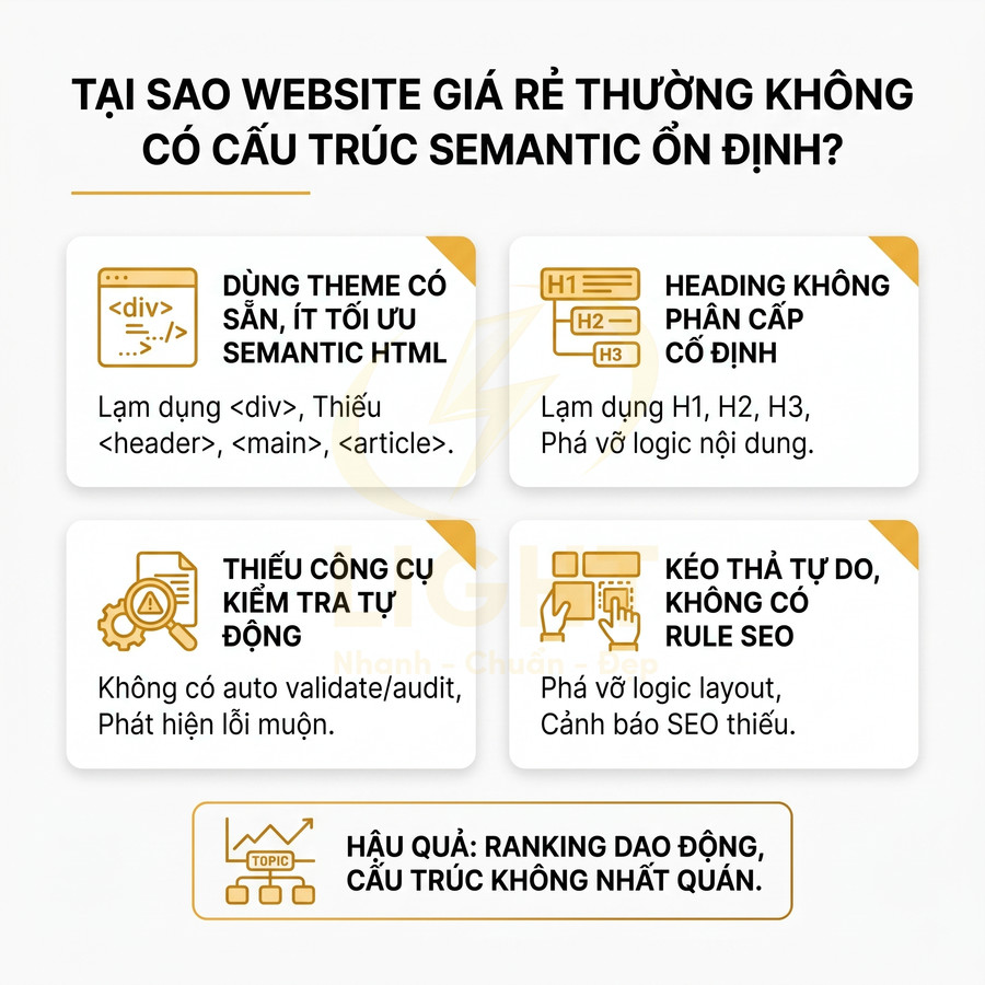 Lý do website giá rẻ thường thiếu cấu trúc semantic HTML ổn định và hậu quả giảm thứ hạng SEO