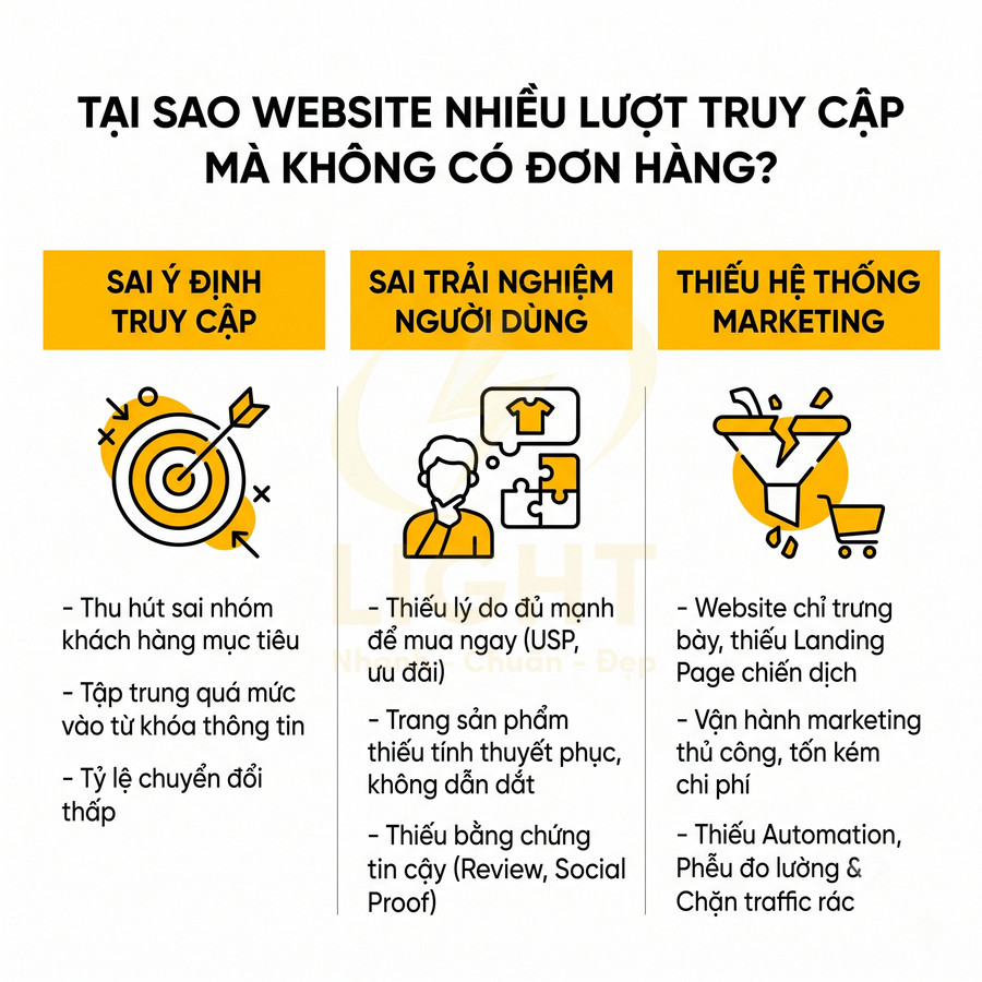 Infographic lý do website nhiều truy cập nhưng không có đơn hàng về sai khách truy cập, trải nghiệm người dùng và hệ thống marketing
