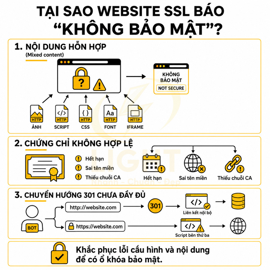 Nguyên nhân website SSL báo không bảo mật do nội dung hỗn hợp, chứng chỉ không hợp lệ và chuyển hướng 301 thiếu đầy đủ