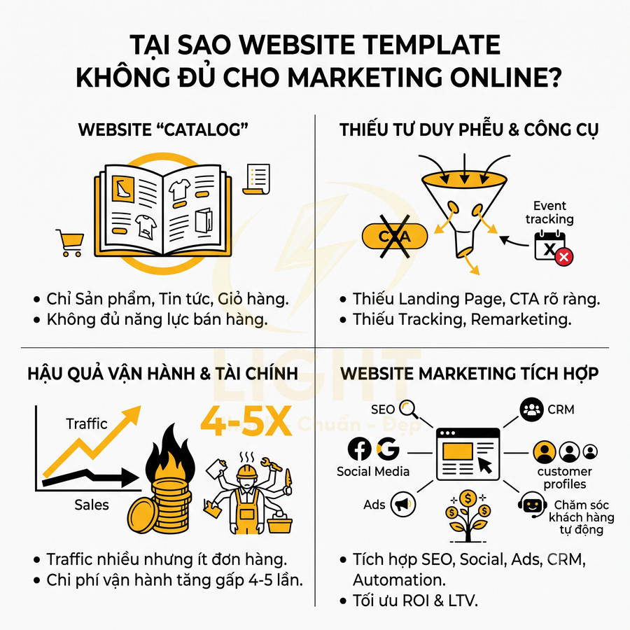Infographic lý do website template không đủ cho marketing online và lợi ích website marketing tích hợp SEO, social, CRM