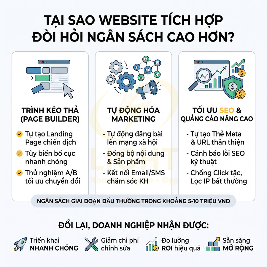 Infographic lý do website tích hợp cần ngân sách cao, nêu lợi ích page builder, tự động hóa marketing, tối ưu SEO và quảng cáo