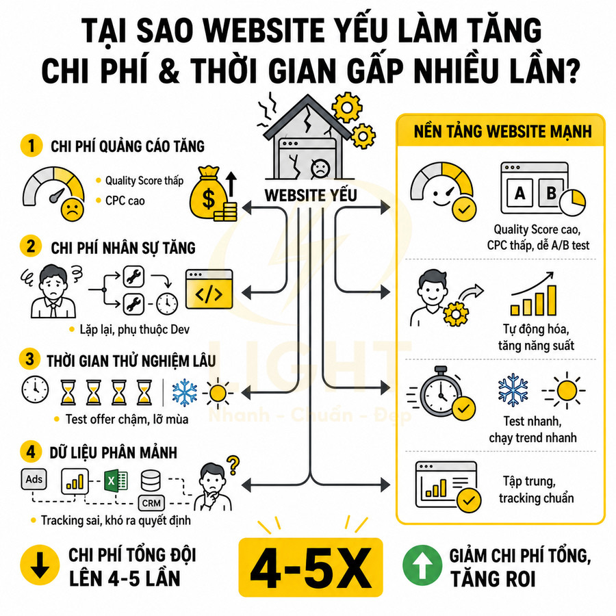 Infographic giải thích website yếu làm tăng chi phí quảng cáo, nhân sự, thời gian test và dữ liệu phân mảnh so với website mạnh