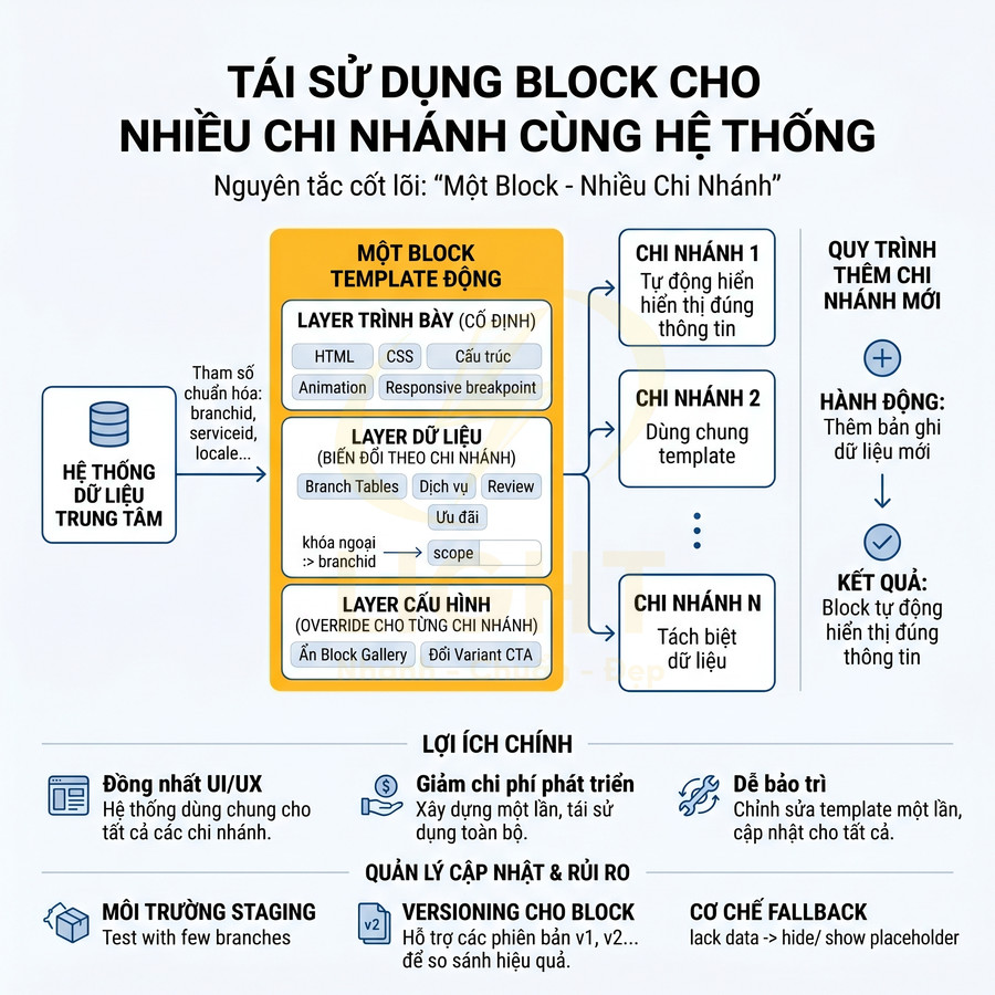 Sơ đồ quy trình tái sử dụng block template động cho nhiều chi nhánh trong cùng hệ thống dữ liệu trung tâm
