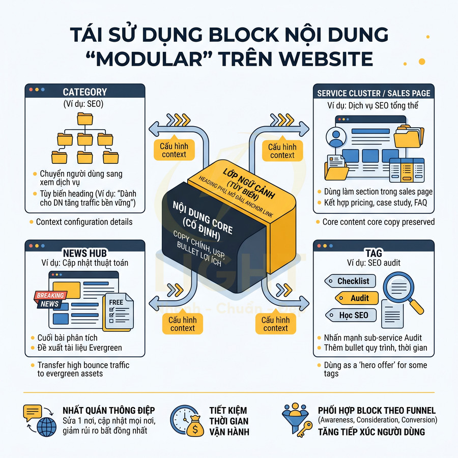 Infographic tái sử dụng block nội dung modular trên website với core content và các khối category, service, news hub, tag