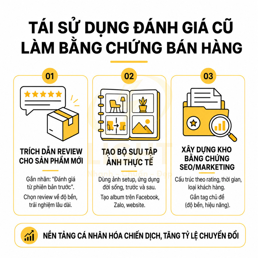 Infographic tái sử dụng đánh giá cũ làm bằng chứng bán hàng với ba bước và biểu tượng minh họa