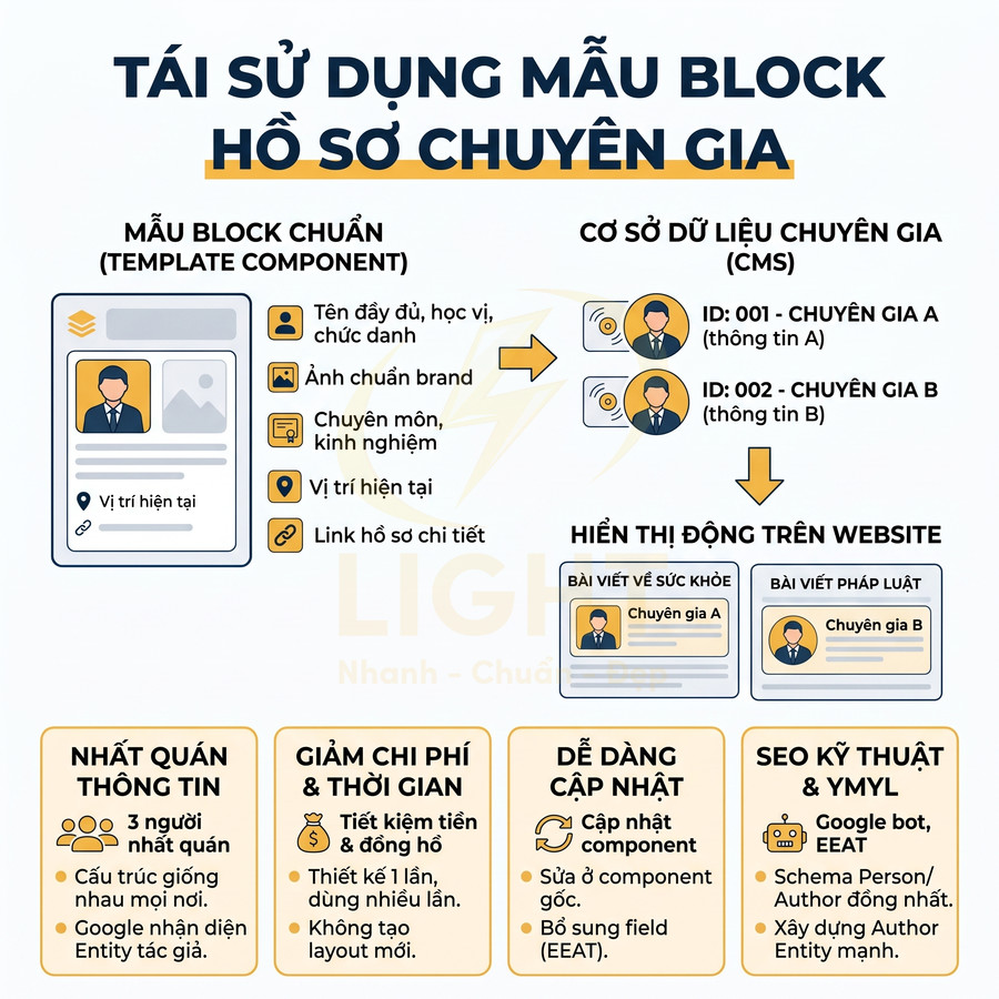 Infographic tái sử dụng mẫu block hồ sơ chuyên gia để hiển thị động trên website và tối ưu SEO