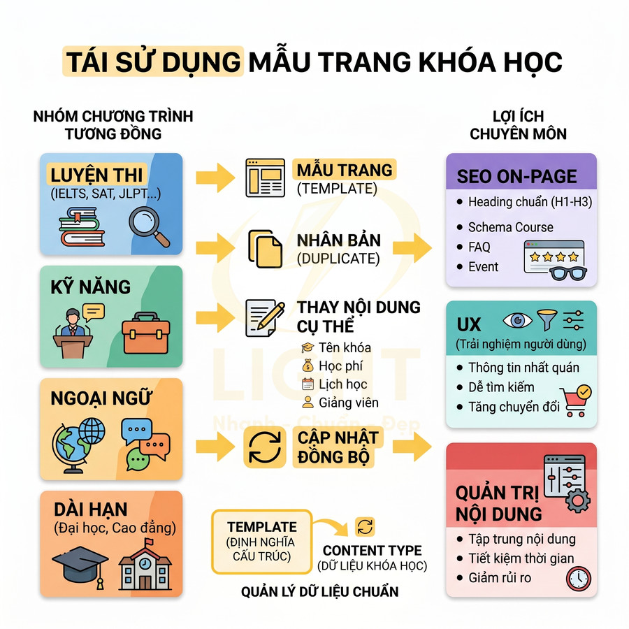 Infographic tái sử dụng mẫu trang khóa học, quy trình nhân bản template và lợi ích SEO onpage, UX, quản trị nội dung