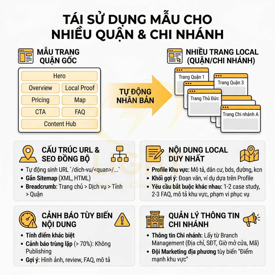Infographic tái sử dụng mẫu trang web cho nhiều quận chi nhánh với cấu trúc URL SEO và nội dung local duy nhất