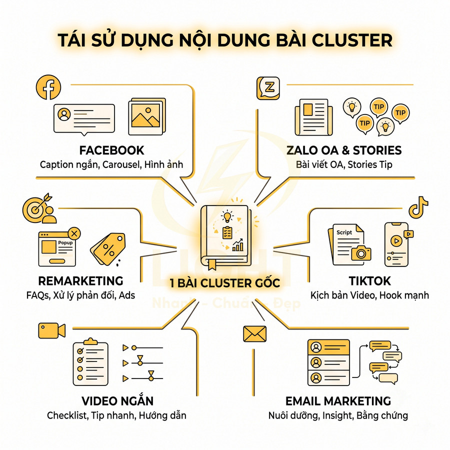 Sơ đồ tái sử dụng nội dung bài cluster cho Facebook, Zalo, TikTok, remarketing, video ngắn và email marketing