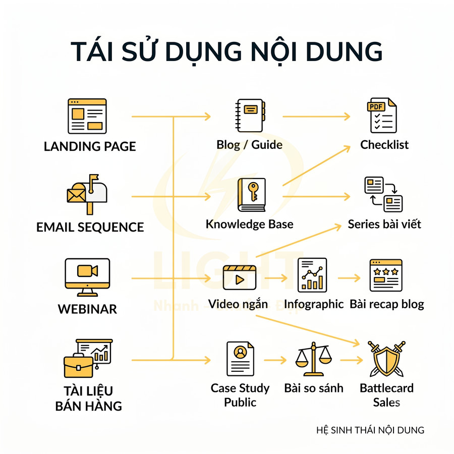Sơ đồ tái sử dụng nội dung marketing từ landing page, email, webinar và tài liệu bán hàng sang nhiều định dạng khác