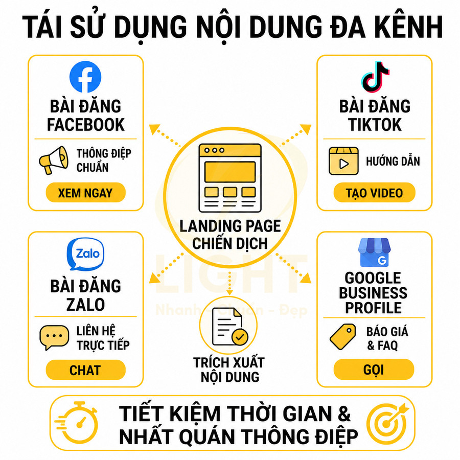 Mô hình tái sử dụng nội dung landing page cho Facebook, TikTok, Zalo, Google Business Profile để tiết kiệm thời gian