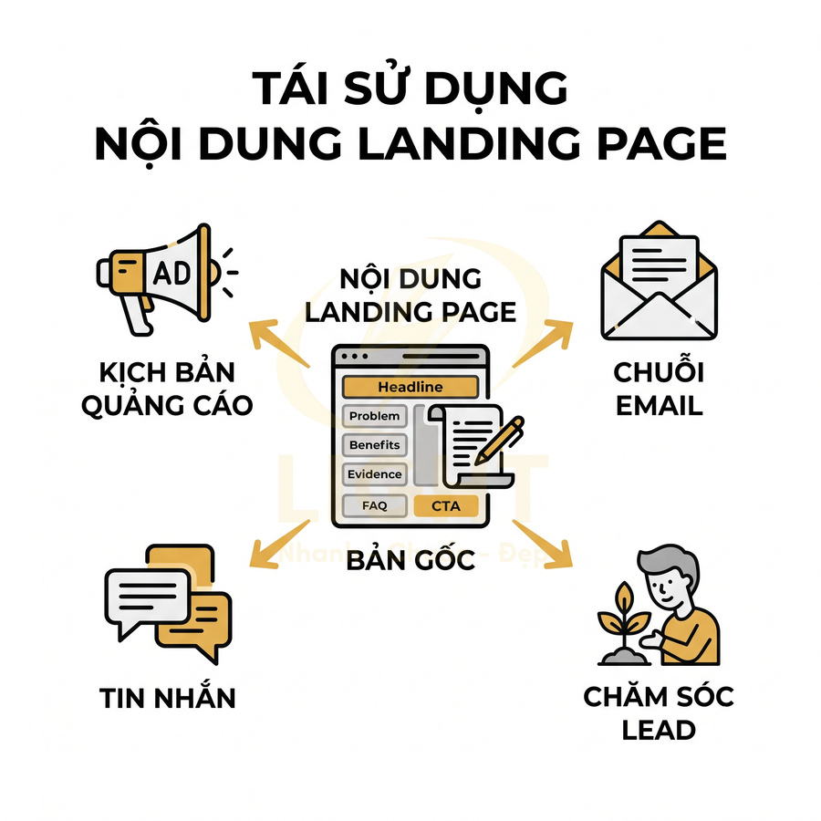 Mô hình tái sử dụng nội dung landing page cho kịch bản quảng cáo, chuỗi email, tin nhắn và chăm sóc lead