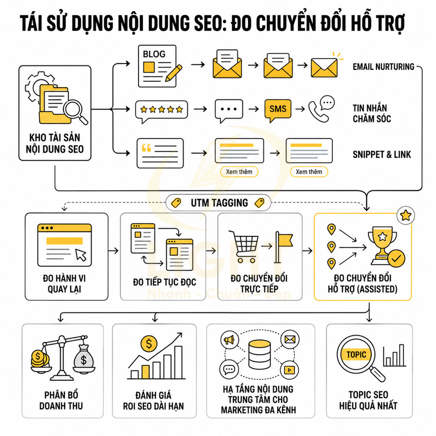 Sơ đồ tái sử dụng nội dung SEO để đo chuyển đổi hỗ trợ và đánh giá hiệu quả topic SEO