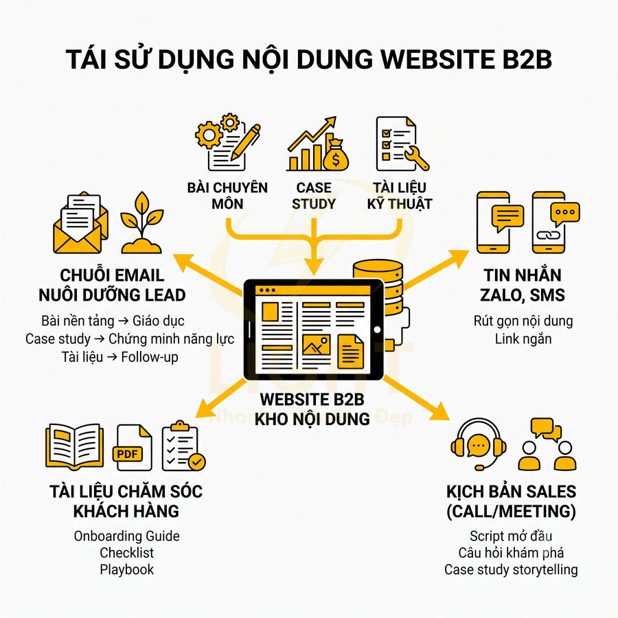 Sơ đồ tái sử dụng nội dung website B2B cho email nuôi dưỡng lead, tài liệu khách hàng, tin nhắn Zalo SMS và kịch bản sales