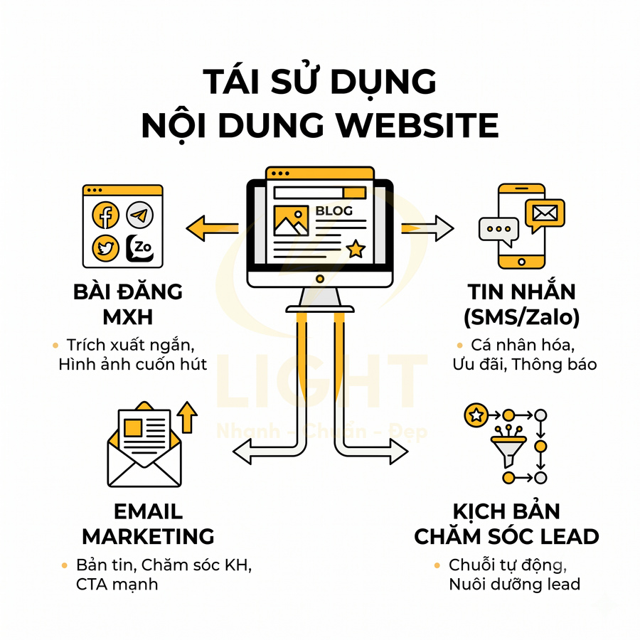 Mô hình tái sử dụng nội dung website thành bài đăng mạng xã hội, email marketing, tin nhắn SMS Zalo và kịch bản chăm sóc lead