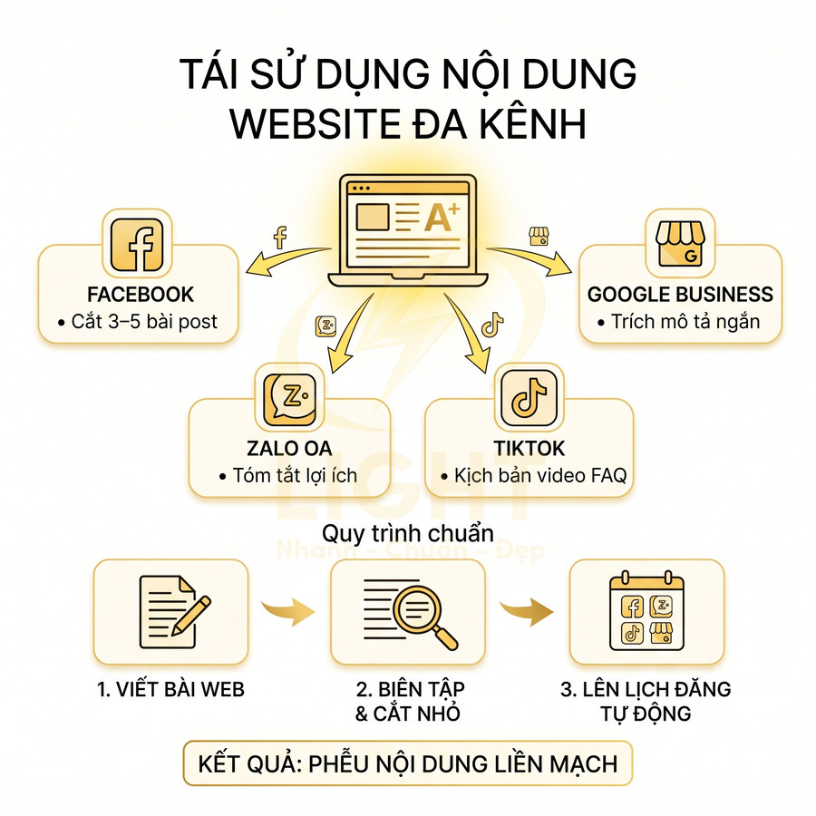 Sơ đồ quy trình tái sử dụng nội dung website sang Facebook, Zalo OA, TikTok và Google Business đa kênh